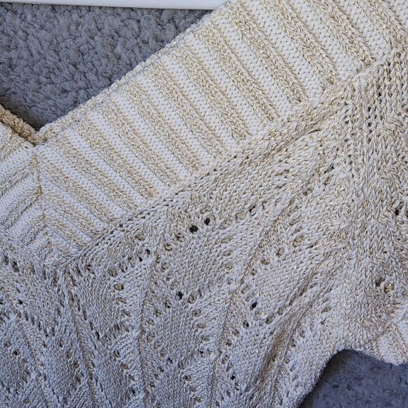 Vtg Y2K Cache Short Sleeve V Neck Open Knit Long Sweater Top Ivory Metallic XS - Picture 5 of 11